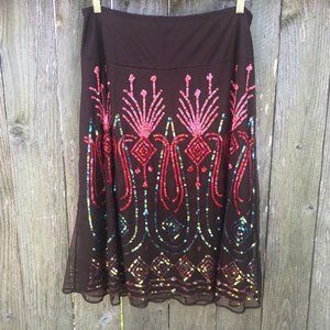 J. Marco Brown Tulle Sequined A-Line Midi Skirt Lined Women's Size 14